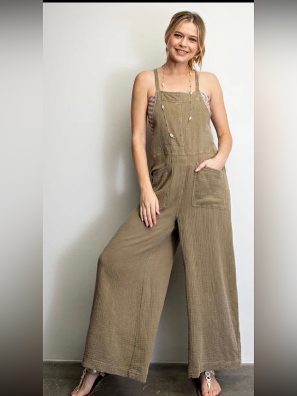 New: Easel Here I am Mineral Washed Adjustable Tie Straps Wide-Leg Jumpsuit• M